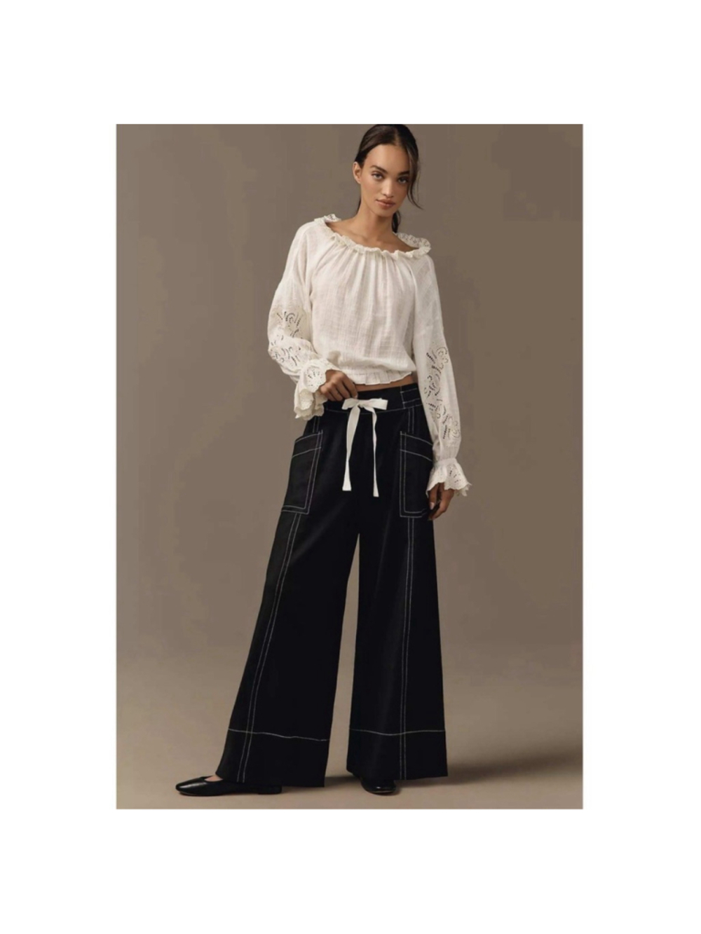 Maeve Anthropologie La Ponche Navy Linen Blend Wide Leg Drawstring Pants Small - Picture 3 of 11